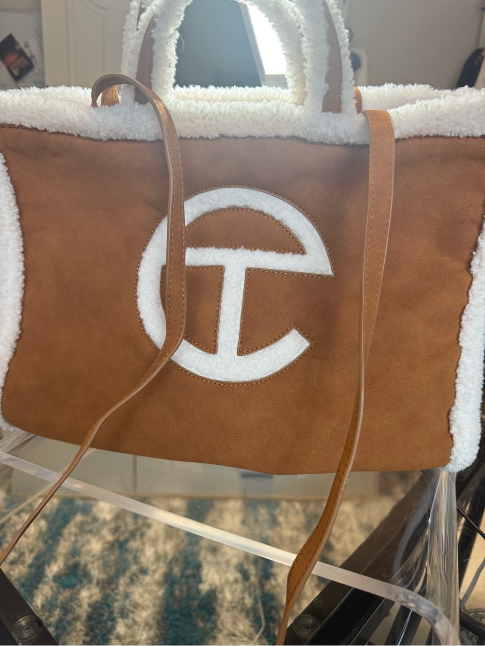 Telfar Chestnut Tote with White Shearling Logo Trim - Picture 3 of 4